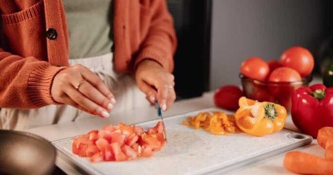 Hands, veggies or knife in cooking, nutrition or wellness of recipe development or plant based diet. Food, cutting board or kitchen in healthy, vegan or meal prep of fresh produce by nutritionist