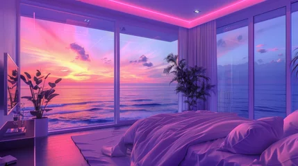 Zelfklevend Fotobehang sunset view behind the bedroom window with vaporwave tone color, suitable for wallpaper, posters. Generative AI © wellyans