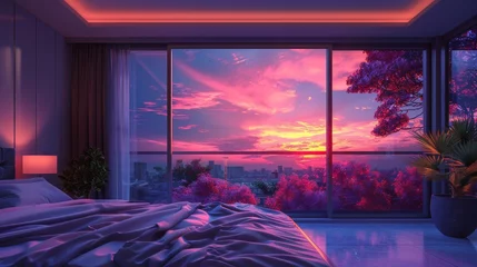 Rolgordijnen sunset view behind the bedroom window with vaporwave tone color, suitable for wallpaper, posters. Generative AI © wellyans