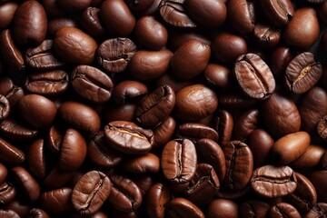 Detailed texture background of dark brown coffee beans in a closeup view, ideal as a backdrop for design, advertising, and packaging product photography. - 783456668
