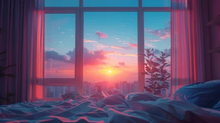 Fototapeten sunset view behind the bedroom window with vaporwave tone color, suitable for wallpaper, posters. Generative AI © wellyans