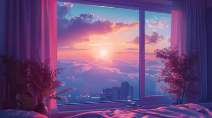Foto op Aluminium sunset view behind the bedroom window with vaporwave tone color, suitable for wallpaper, posters. Generative AI © wellyans