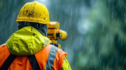 A photograph of a surveyor working in adverse conditions such as heavy rain or extreme heat. Despite the challenges the surveyor remains vigilant and continues their work showcasing . - obrazy, fototapety, plakaty