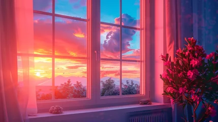Kissenbezug sunset view behind the bedroom window with vaporwave tone color, suitable for wallpaper, posters. Generative AI © wellyans