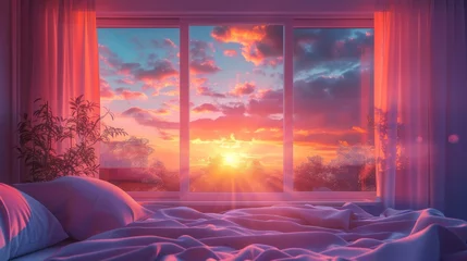 Tuinposter sunset view behind the bedroom window with vaporwave tone color, suitable for wallpaper, posters. Generative AI © wellyans