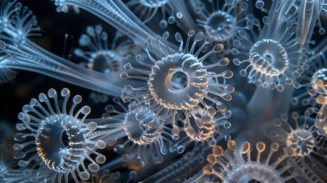 An array of ciliates grouped together each with a distinct shape and unique arrangement of cilia. The varying lengths and directions