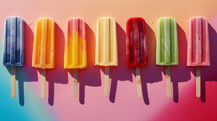 Colorful fruit popsicles on a pastel background.