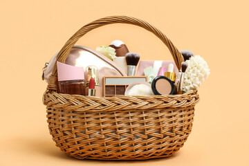 Gift basket with decorative cosmetics and flowers for Mother's Day celebration on color background - obrazy, fototapety, plakaty