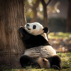 lazy panda bears against a tree