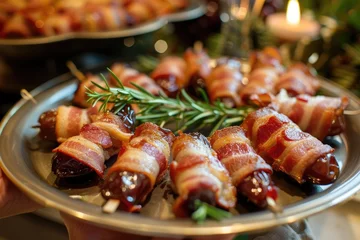 Fotobehang A plate of bacon-wrapped dates being prepared for a New Years Eve party © AI Farm