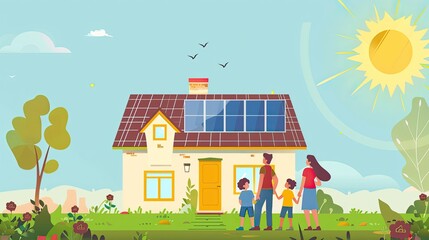 A family installing solar panels on their roof embodying individual contributions to a greener planet