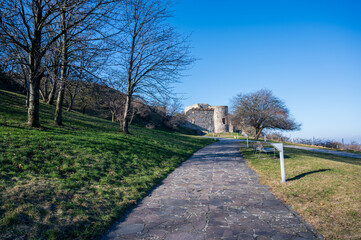 Stone path on the lawn near Devin Castle in Bratislava.