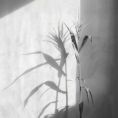 A minimalist image of a shadow of a corn stalk projected onto a plain wall, focusing on form and shadow. - obrazy, fototapety, plakaty