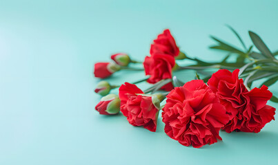 Fresh red carnations on pastel menthe light blue background, Generative AI