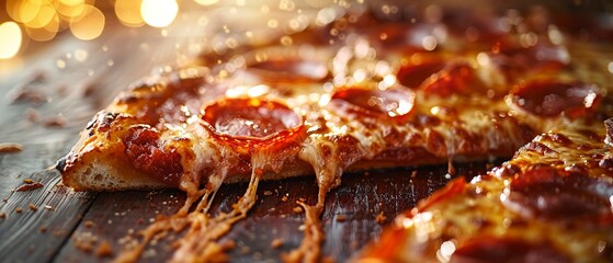 Pizza slice, pepperoni focus, close-up, melting mozzarella, soft glow, rustic wood table - obrazy, fototapety, plakaty