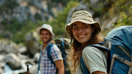 Wearing matching hats a backpacker and their translator companion set out on a hike through the...