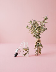 Sprigs of rosemary and bottle with pipette on the pink table. Creative minimalist concept. Copy...