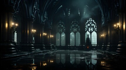 Gothic cathedral interior at night, dimly lit with candles, wet floor reflecting lights, creating a mystical ambiance - obrazy, fototapety, plakaty