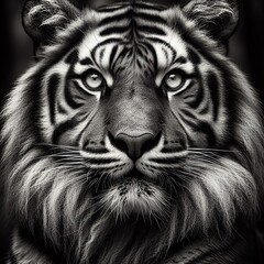 Portrait of a tiger in a black and white image.  - obrazy, fototapety, plakaty