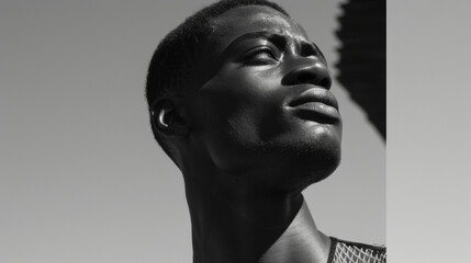 A black man gazes into the distance his chiseled features and toned physique on full display in a mesh shirt. With a gentle breeze blowing through his hair he represents the fragile .