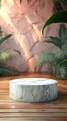 3D Advertising Marble Empty Podium with Natural Background. Tender Pastel Product Presentation Mockup Template.