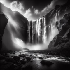 Fantasy landscape with waterfall. Black and white image. - obrazy, fototapety, plakaty