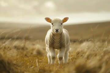 A young lamb stands in an open field, conveying innocence and the gentle side of farm life with a soft-focus background.

