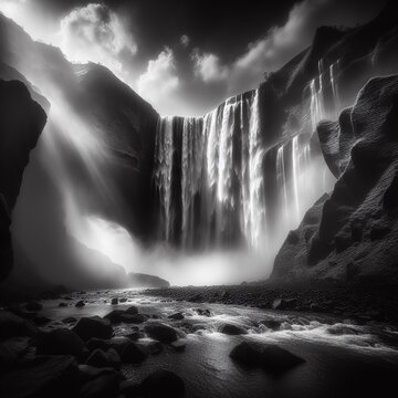 Fantasy landscape with waterfall. Black and white image.