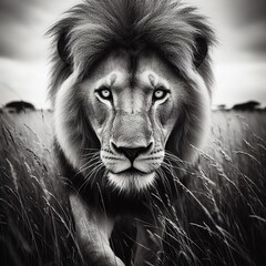 Lion in the savannah of Africa. Black and white image. 