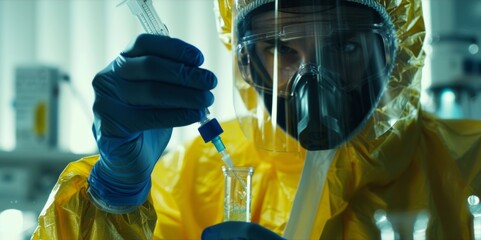 A scientist in a biohazard suit carefully injecting a new genetic material into a test tube filled with biofuel symbolizing the merging of science and energy in the GMO biofuel industry. . - obrazy, fototapety, plakaty