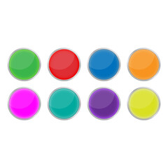 Big set of colorful glossy badge or button. 3d render. Round plastic pin, emblem, volunteer label. Vector.