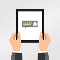 Five Star Rating on Dark Tablet Screen With Hands Isolated Flat Vector Sign