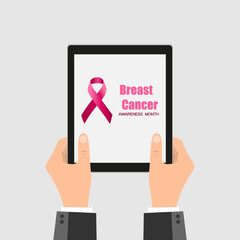 Breast Cancer design on the screen tablet. Awareness Ribbon Vector Design on White Background.