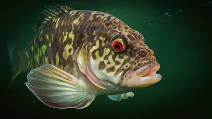 Foto op Plexiglas Close Up Largemouth Bass Swimming in Freshwater, Copy-Space, Fishing Trophy © Focused Adventures