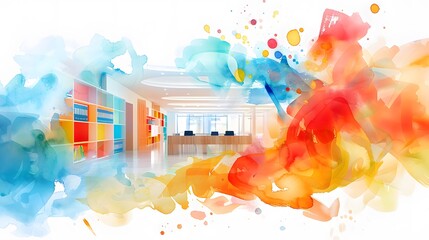 Vibrant watercolor abstraction overlaying a modern library interior, suggesting creativity in education