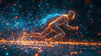 Futuristic visualization of a runner's motion captured in a luminous wireframe mesh with a dynamic field of floating data points and sparks - obrazy, fototapety, plakaty
