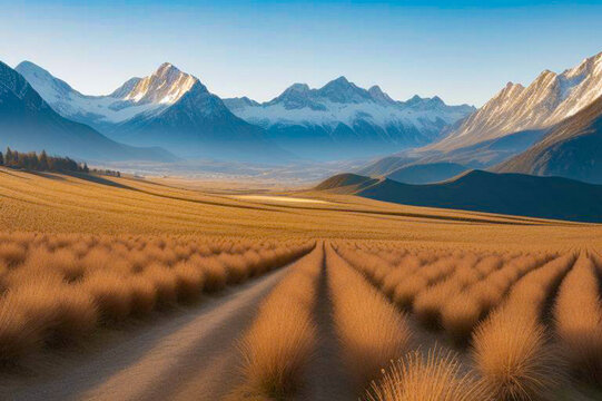  A dirt road winding through a field of tall grass with snow-capped mountains in the background.