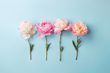 A photograph capturing four lush pink-peach peonies arranged against a soft pastel blue backdrop, presented in a minimalist composition with copy space, all in the style of a flat lay. - 783462459
