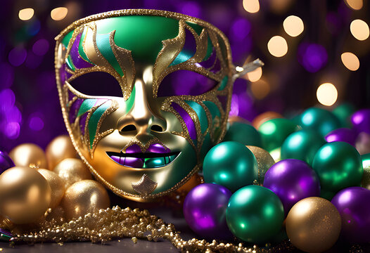 Vibrant green and purple Mardi Gras style mask, set against a festive backdrop of gold and green bulbs. Great image for a travel blog or theme for a party.
