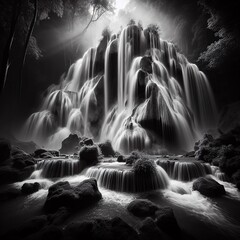 Beautiful waterfall in deep forest at night with long exposure, art print. 