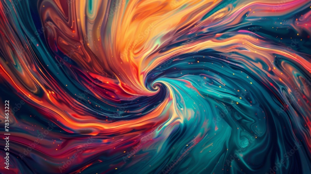 Poster bold and contrasting colors swirl and intermingle creating a trippy and psychedelic effect.