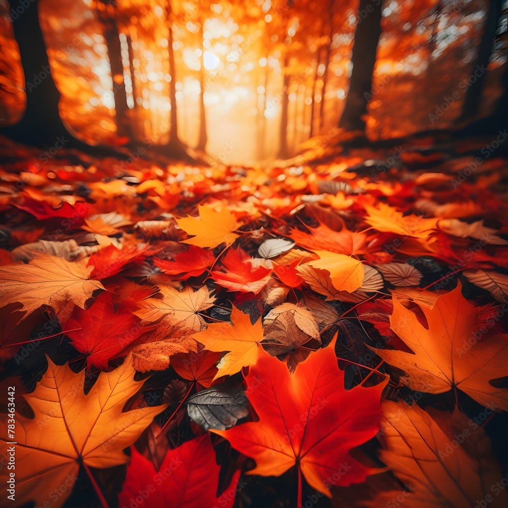 Poster autumn maple leaves on blurred background with bokeh effect generated by ai