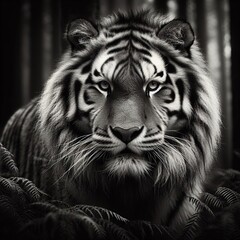 A tiger portrait black and white image  - obrazy, fototapety, plakaty