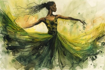 Pretty African American Ballerina in a leotard and flowing matching blackgreenyellow skirt, long black hair, ink and wash style © NatthyDesign