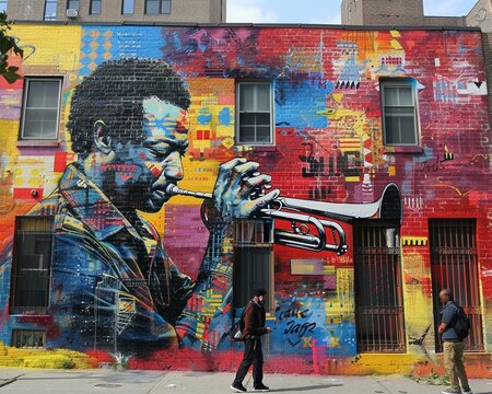 On the side of an apartment building is a vibrant urban street art piece featuring the image of an african american trumpet player 