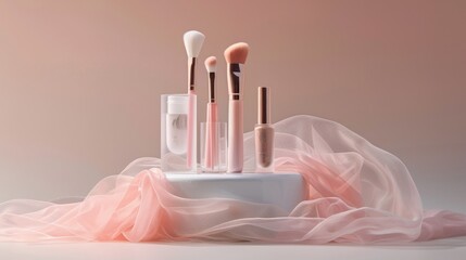 A gentle breeze rustles the fabric of a silkdd podium revealing a stunning array of ethereal makeup brushes and sparkly lip glosses. . . - obrazy, fototapety, plakaty