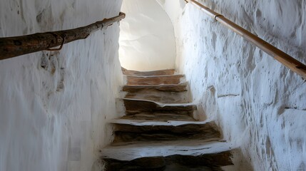 Old Wooden Staircase Between White Walls