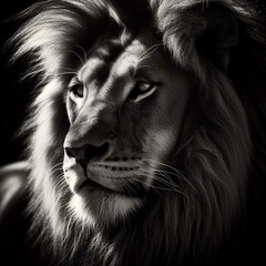 Portrait of a male lion in black and white, monochrome