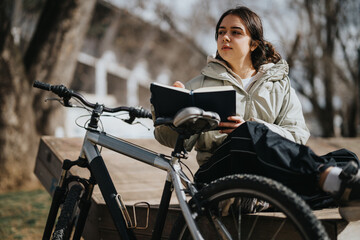 A contemplative young woman sits by her bicycle in the park, engrossed in a book, enjoying a...