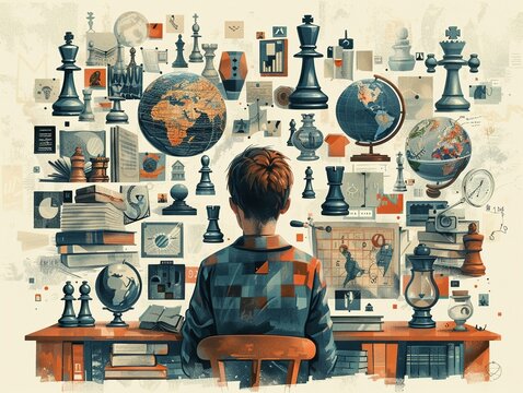 Capture a thought-provoking image at eye-level, featuring a person deep in contemplation surrounded by various philosophical symbols like a globe, chess pieces, and an hourglass